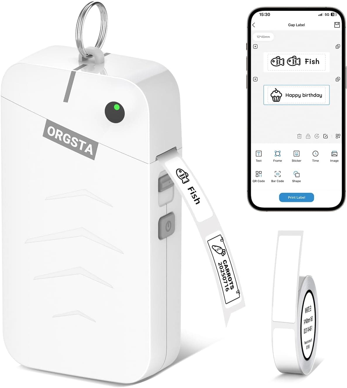 ORGSTA Label Maker | Rotuladora portátil Bluetooth com fita e vários templates para casa e escritório