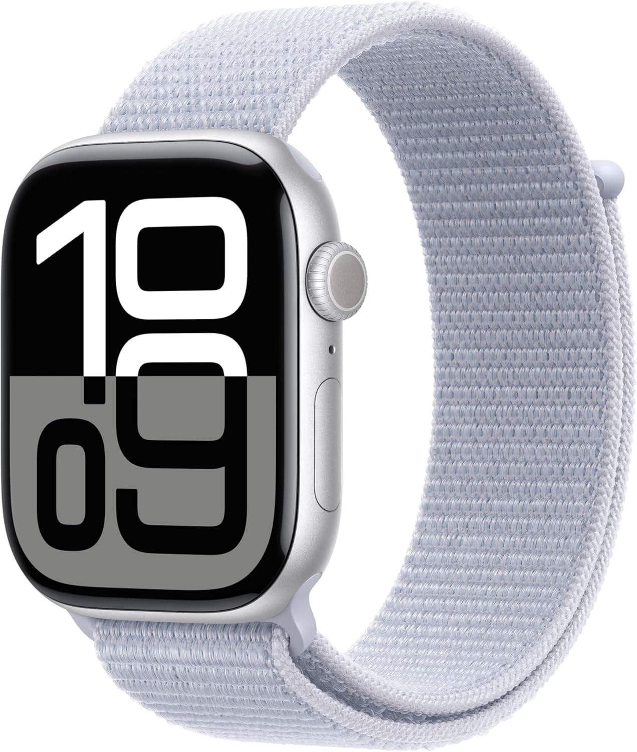 Apple Watch Series 10 GPS Smartwatch com caixa de alumínio prata de 46 mm e correia Loop desportiva azul nuvem - tamanho único. Monitor de treino, App ECG e neutro em carbono