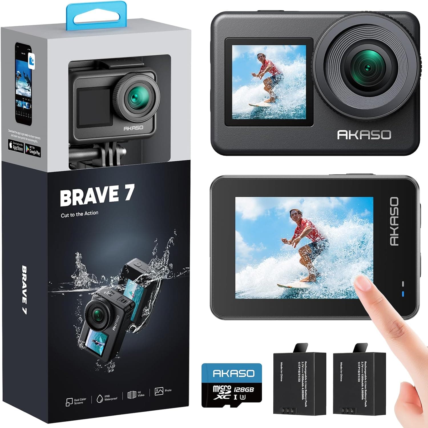 AKASO Brave 7 câmara desportiva 4K com cartão de memória microSDXC de 128 GB câmara de ação 20 MP wi-fi câmara aquática submergível ecrã duplo EIS controlo remoto controlo de voz 2 x 1350 mAh baterias
