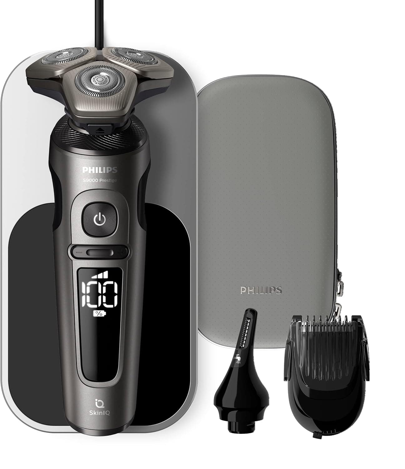Philips Série 9000 Prestige máquina de barbear elétrica para homem, máquina de barbear de barbear, 72 lâminas, 60 min de uso, seco e húmido, recarregável, base de carregamento QI, nargueiro,