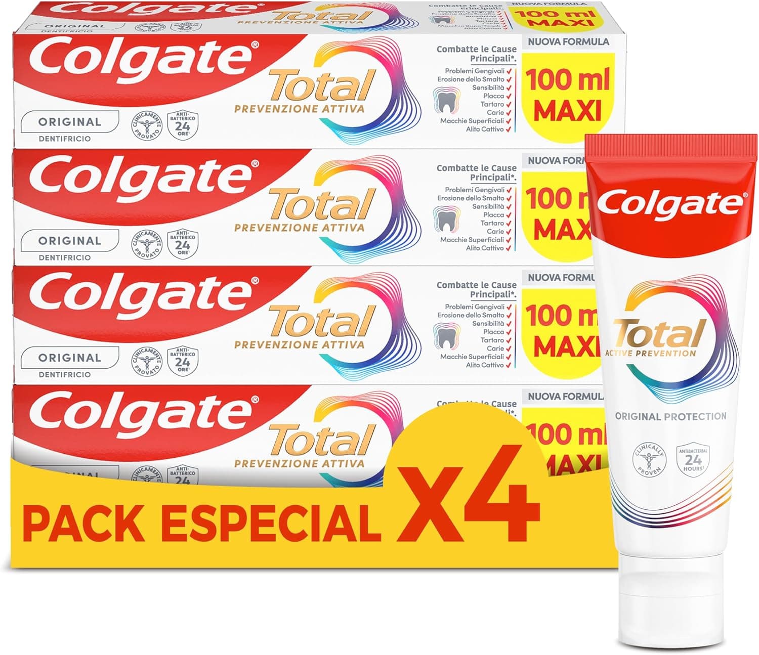 Colgate Total original, pasta de dentes, proteção total 24H, pack 4 unidades x 100 ml
