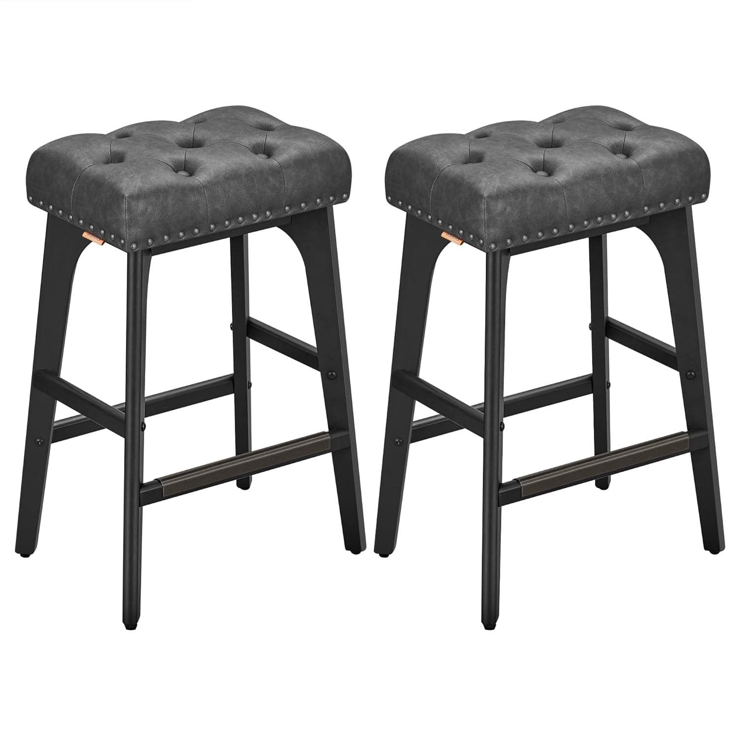 VASAGLE Bancos de bar, Lote de 2, Superfície PU, Botões acolchoados, Bordas cravejadas, Pernas de madeira, Altura 66 cm, Canto do bar, Sala de jantar, Montagem fácil, Tinta preta LBC085G02