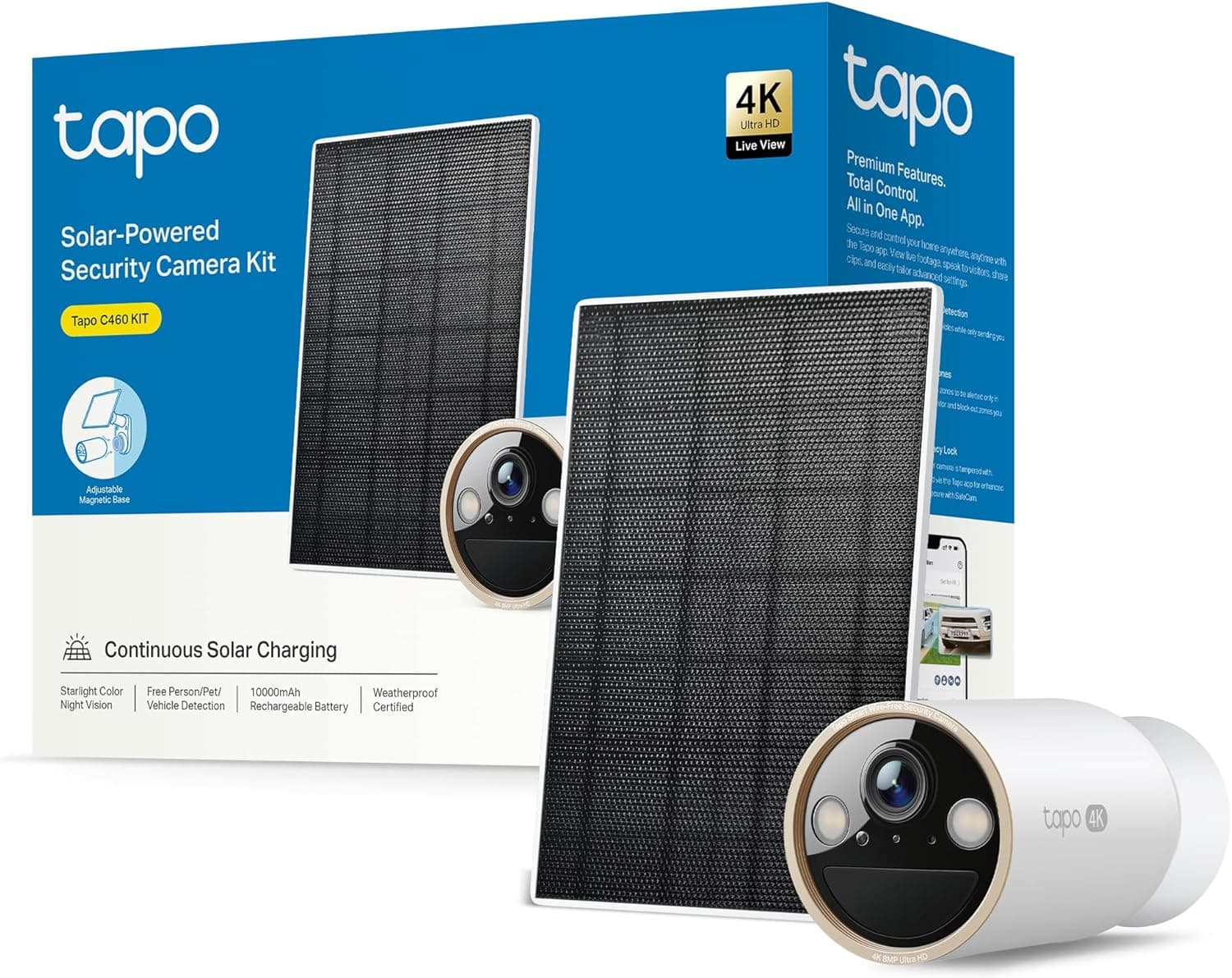 Tapo C460 Solar Kit | Câmara de vigilância exterior 4K com bateria 10000mAh, visão noturna a cores, Wi-Fi dual band e deteção por IA