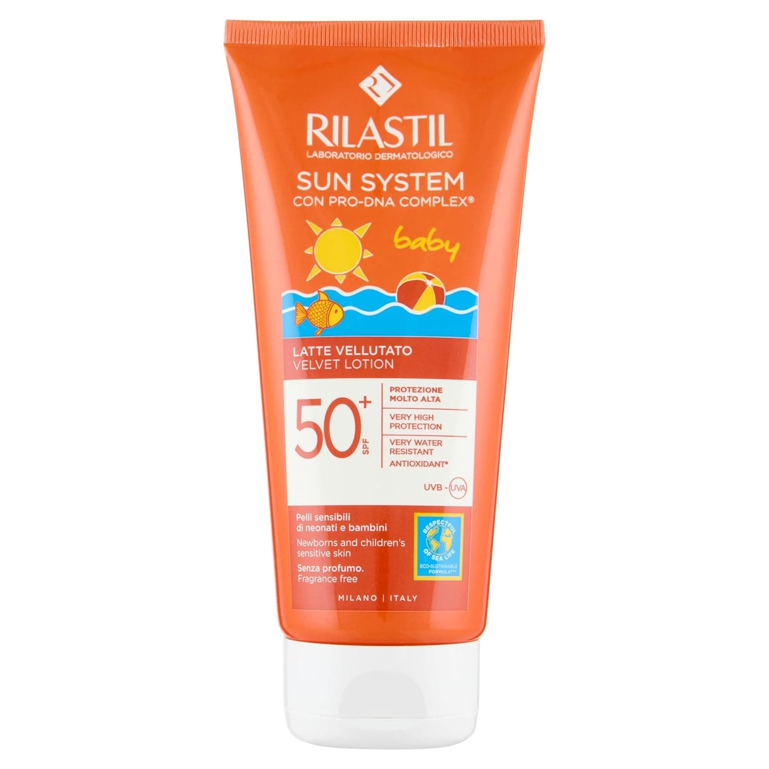 Rilastil Sun System Fotoprotetor corporal Velluto Baby com SPF 50+, ecológico e resistente à água, 3 aos 14 anos - 200 ml