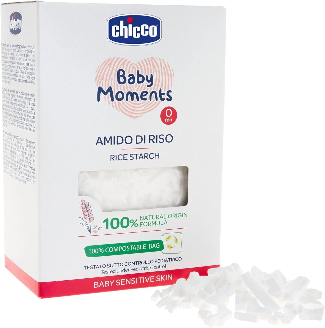Chicco Baby Moments Amido di Riso, Calmante e refrescante, limpeza suave sem irritação ou secar a pele, ação emotor, casa de banho para bebé, Talco, 250 g, 0 meses