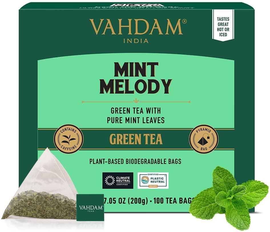 VAHDAM, Mint Melody chá verde (100 pirâmidais sacos de chá) 100% natural de menta e folhas de menta | embalado fresco na Índia | quente, frio ou como Kombucha