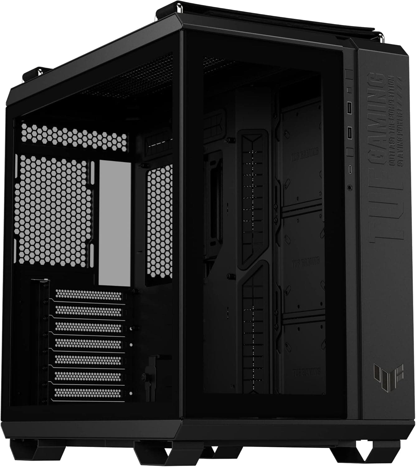ASUS TUF Gaming GT502 PC Gaming Chassis, ATX Mid, câmara dupla, áreas de refrigeração independentes, painéis laterais sem ferramentas, USB 3.2 Gen2 tipo C frontal, 4 ventoinhas ARGB