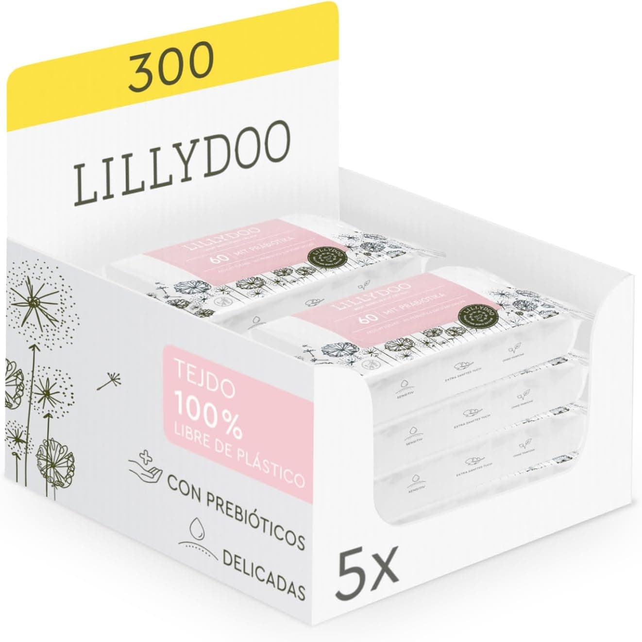 Toalhetes com prebióticos LILLYDOO, 300 unidades (5 x 60), tecido 100% livre de plástico, sem perfumes