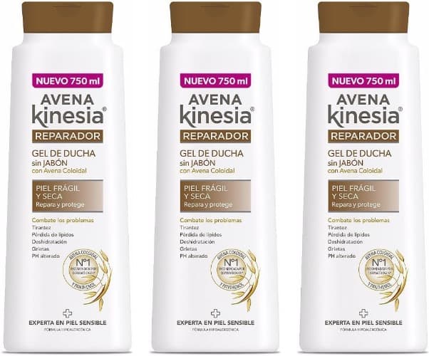Avena Kinesia Gel de banho reparador formulado sem sabão com aveia 100% natural, 750 ml x3