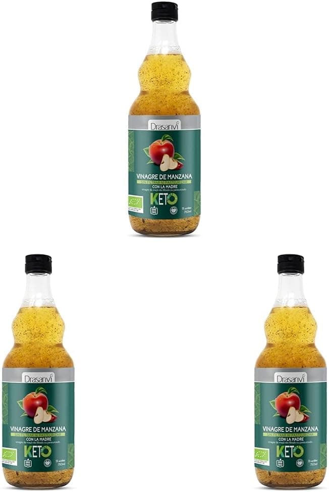DRASANVI Vinagre de maçã mãe sem filtro certificado BIO | Vinagre de sidra de maçã KETO | Apple Cider Vinegar, maçãs ecológicas | VEGANO - sem glúten - 75 cl (embalagem de 3)