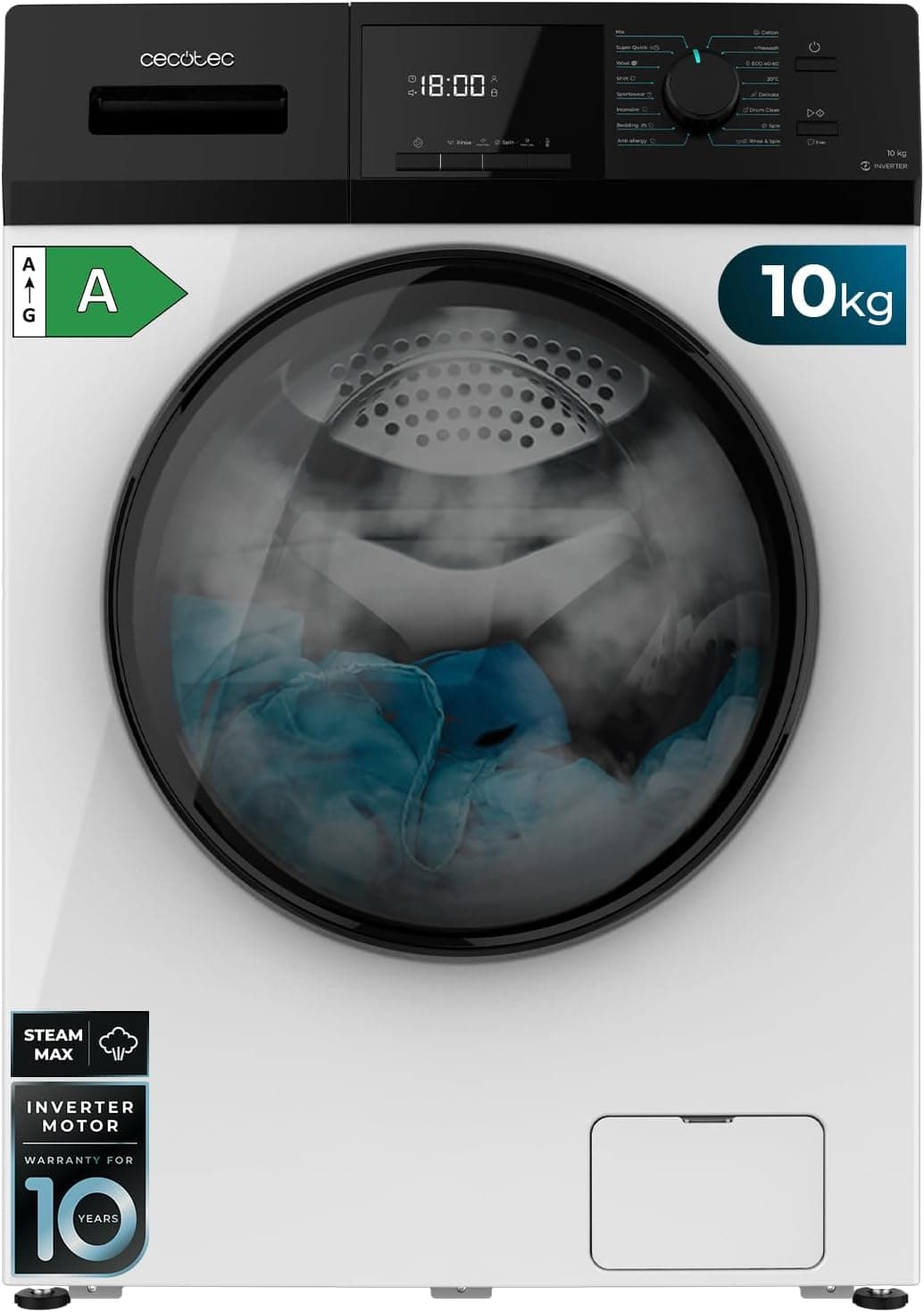 Cecotec Máquina de lavar 10 kg carga frontal Bolero Dresscode 10410 Inverter A. 1950W, 1400 rpm reguláveis, 16 programas, motor inversor Plus, baixo consumo, vapor, esterilização de roupa