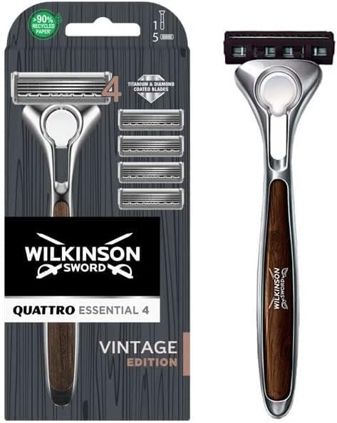 Wilkinson Sword Quattro Vintage Edition - Máquina de barbear de 4 folhas de titânio folha de precisão extra com 4 peças de lâminas com faixa lubrificante protetora, castanho