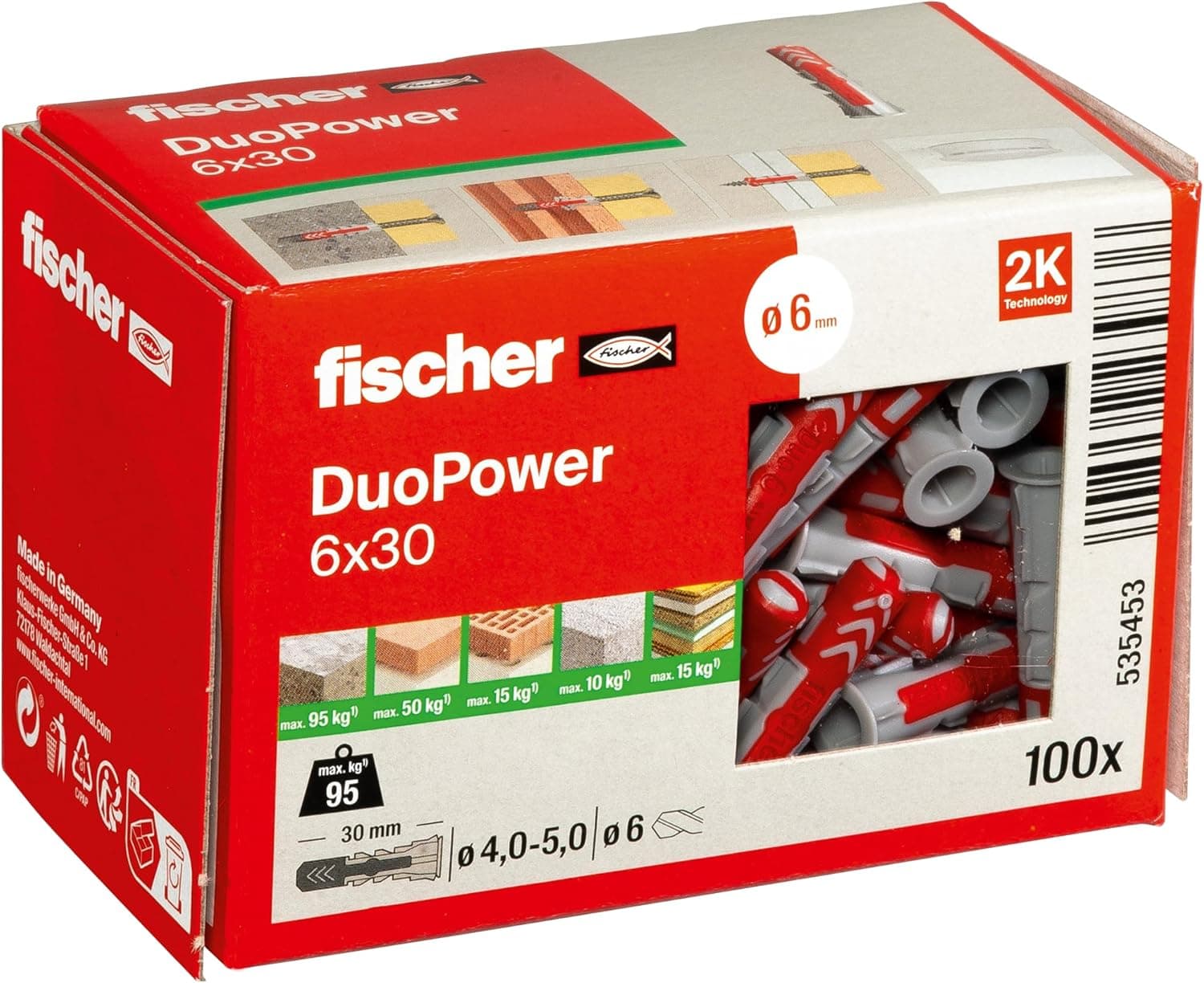 Fischer Duopower 6x30, caixa redonda com 100 buchas plásticas bicomponentes universais de alto desempenho da Fischer para fixação em betão, tijolo, pedra, gesso cartonado e muito mais. 6x30 (100 casquilhos)