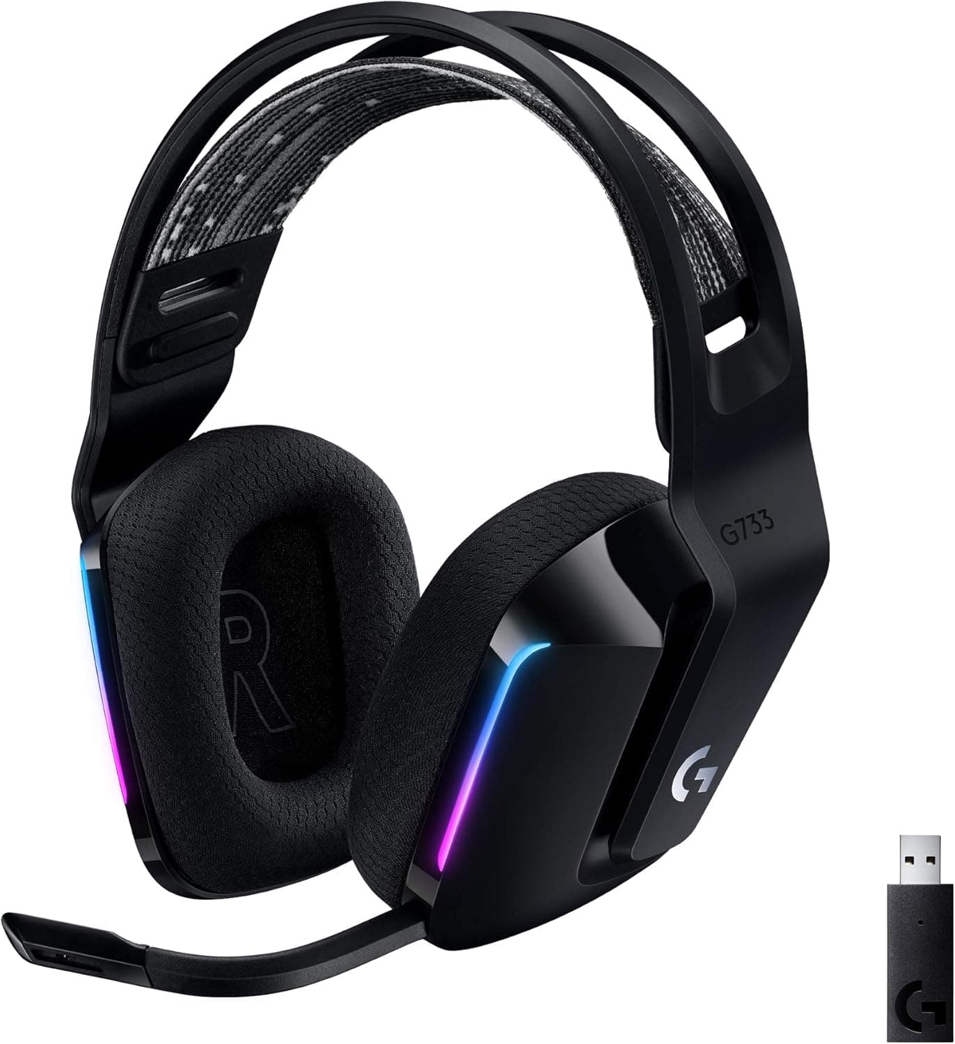 Logitech G 733 LIGHTSPEED Auriculares com microfone sem fios para jogos com cabeça com suspensão, LIGHTSYNC RGB, tecnologia Blue VO!CE, leves, bateria 29 horas