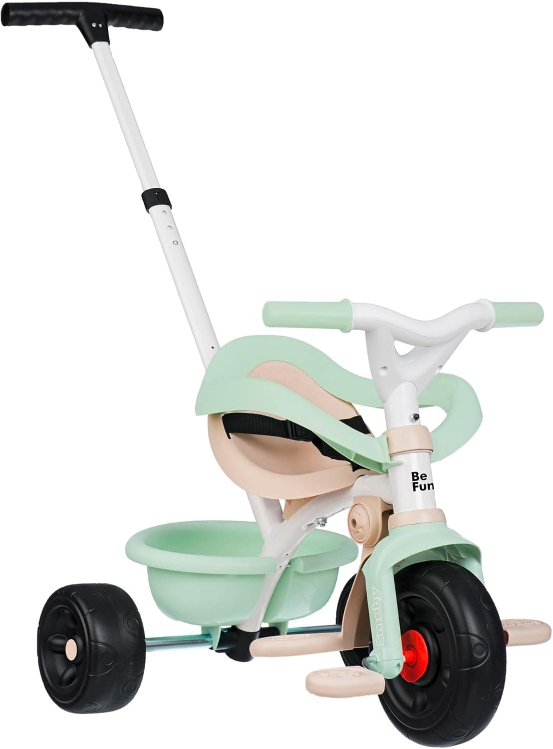 Smoby Triciclo Be Fun Comfort verde 3 em 1, evolutivo, com barra de controlo parental, arco de segurança, cinto, apoio para os pés retrátil e roda livre, para crianças de 10 meses a 3 anos (7600740420