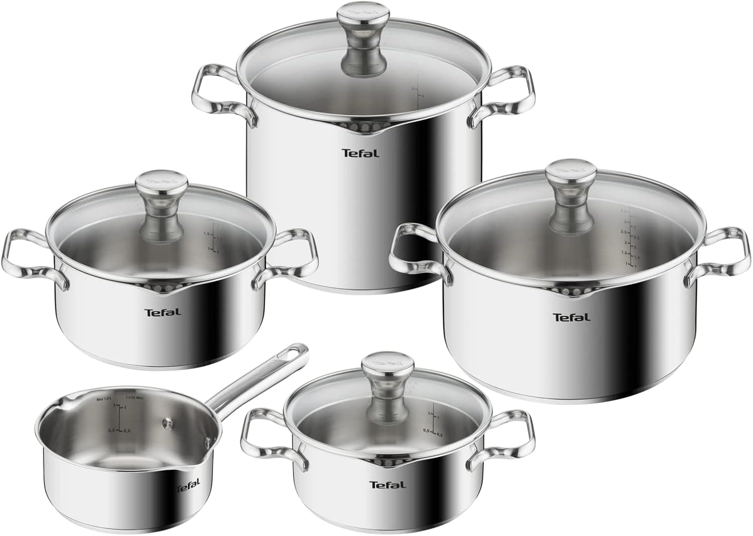 Tefal Duetto On A705S936 | Conjunto de 9 peças de panelas e tachos em inox com tampas de vidro para indução