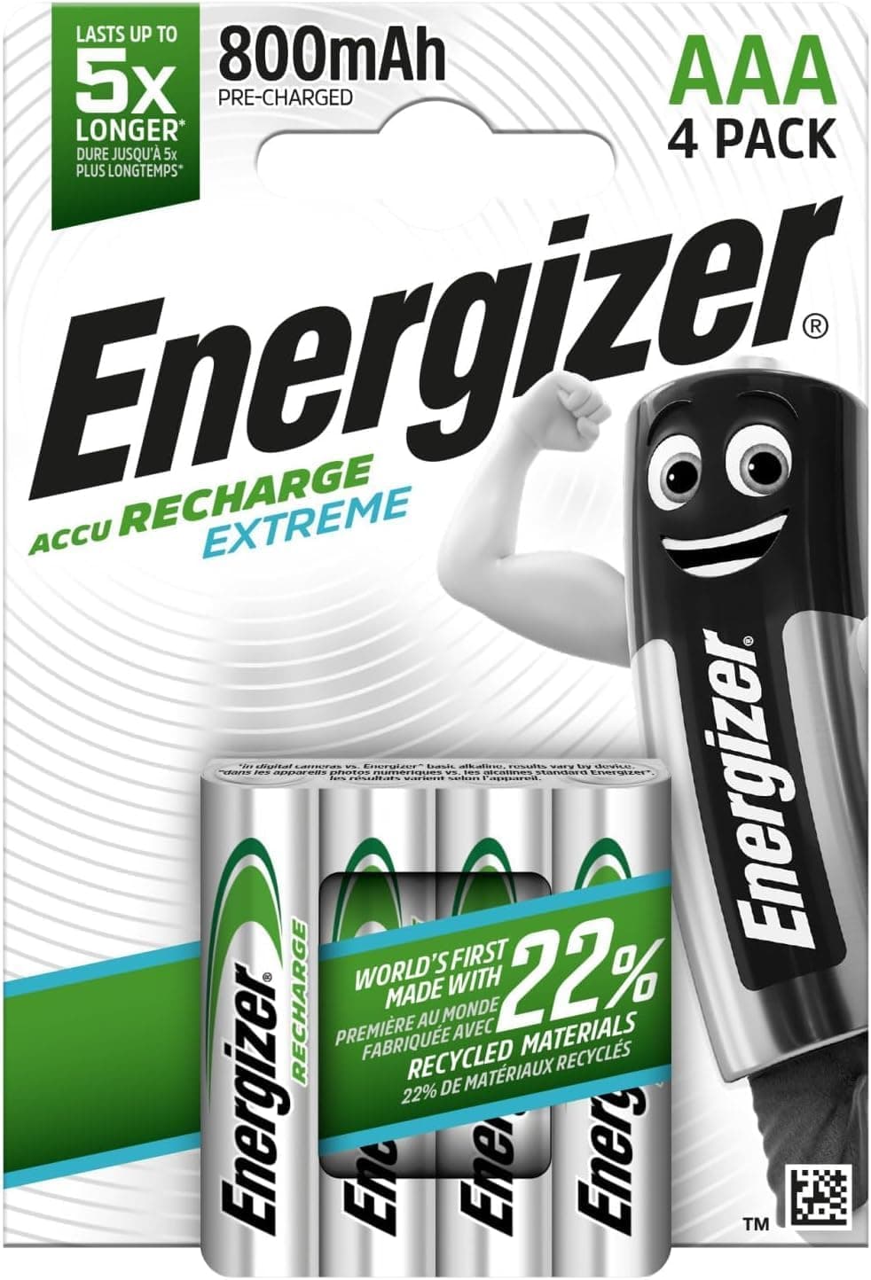 Energizer Recharge Extreme AAA | Pilhas recarregáveis 800 mAh pré-carregadas 4 unidades