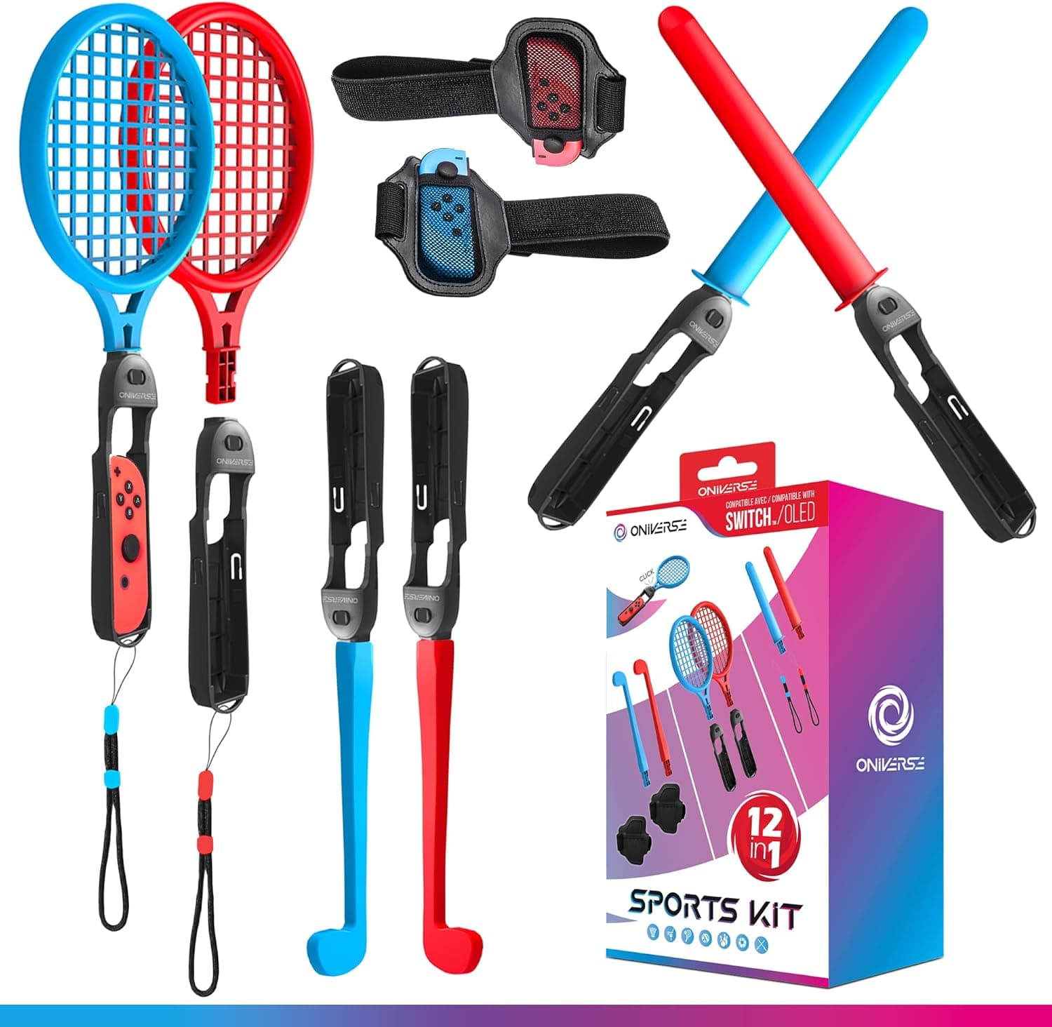 Oniverse | Kit de acessórios 12 em 1 para Nintendo Switch Sports com raquetes, espadas, tacos de golfe, cintas de pernas e correias