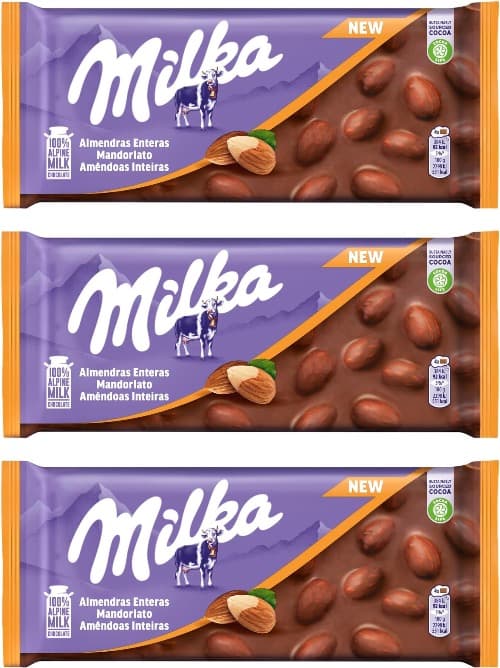 Milka, Tablet de chocolate com leite dos alpes com amêndoas inteiras, 100 g x 3