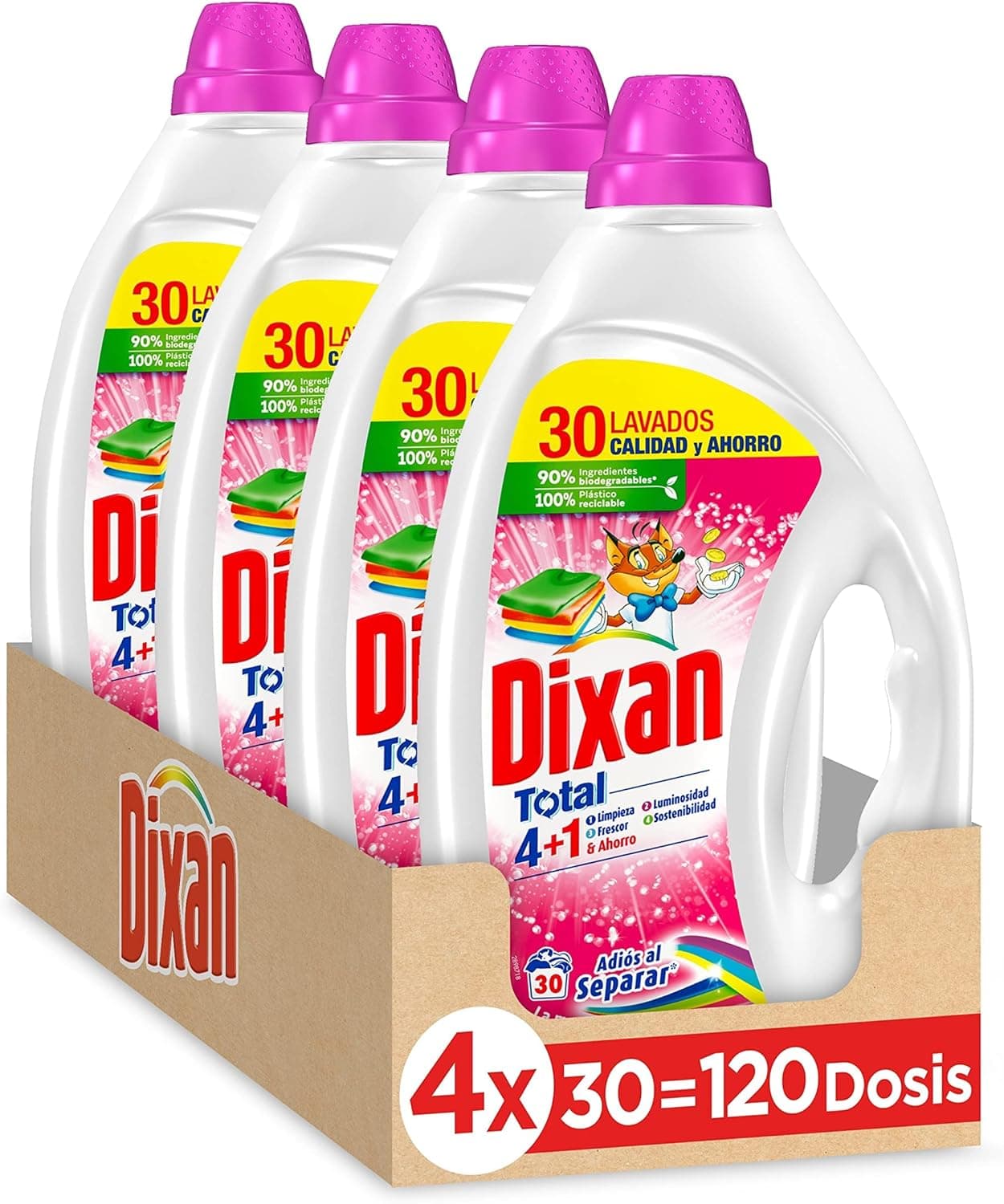 Dixan AAS 30D | Detergente líquido para máquina de lavar roupa 4 em 1 para roupa de cor, pack de 4 para 120 lavagens