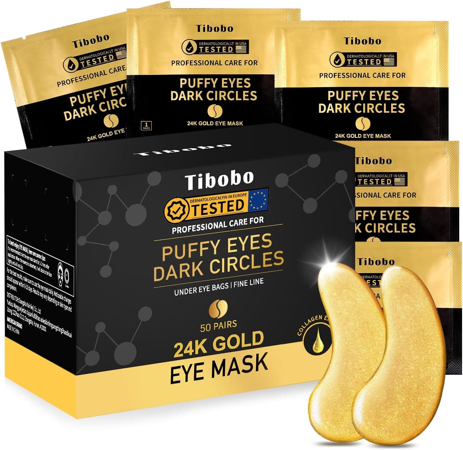 Tibobo 24K Gold, 50 pares de adesivos hidratantes para olheiras, com colagénio e ácido hialurónico