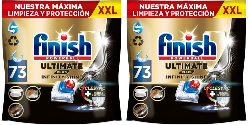 Finish Ultimate Plus Infinity Shine, pastilhas para máquina de lavar louça, limpeza e brilho intensivos e proteção de vidro, 73 pastilhas x 2
