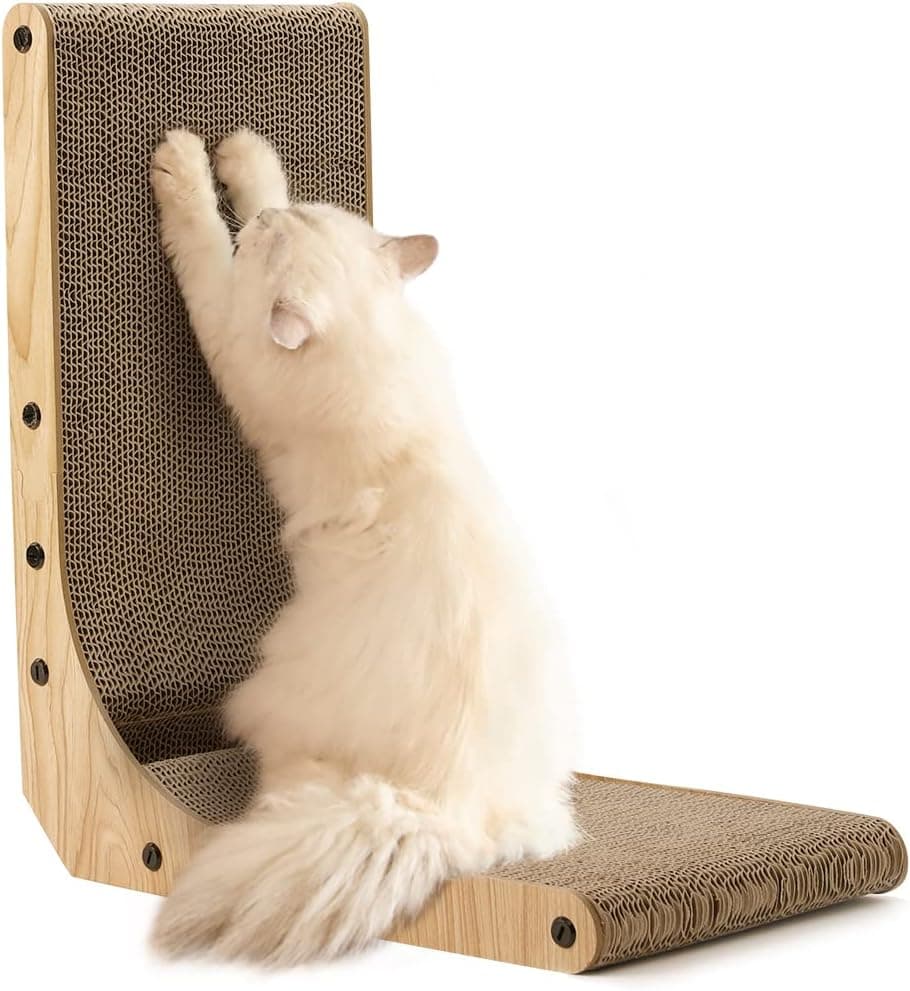 FUKUMARU Raspador para gatos em forma de L, 47 cm raspador de cartão para gatos com brinquedo de bola para gatos de interior, tamanho médio
