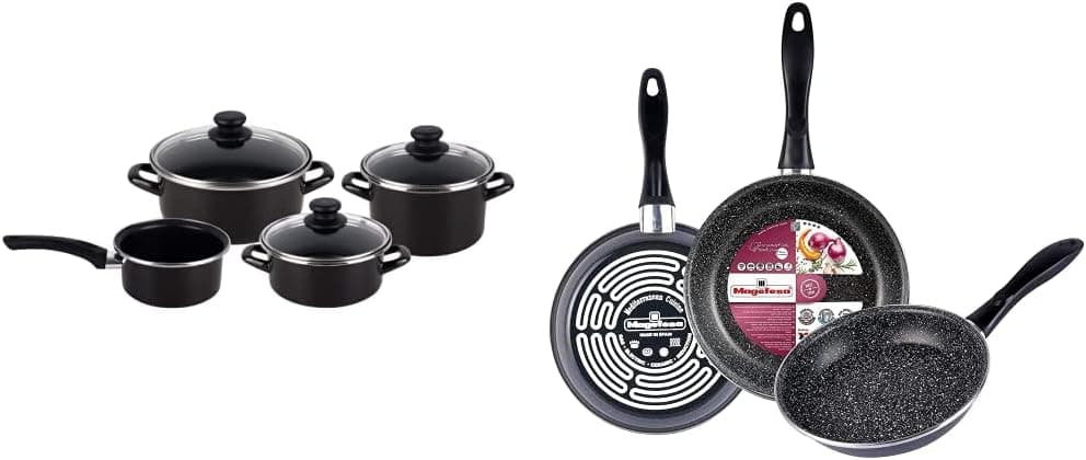 Magefesa Quénia Bateria de cozinha 7 peças, aço vitrificado exterior preto & K2 Gransasso conjunto 3 frigideiras 20/24/28 cm, aço vitrificado exterior, cinzento, antiaderente bicamada, efeito pedra