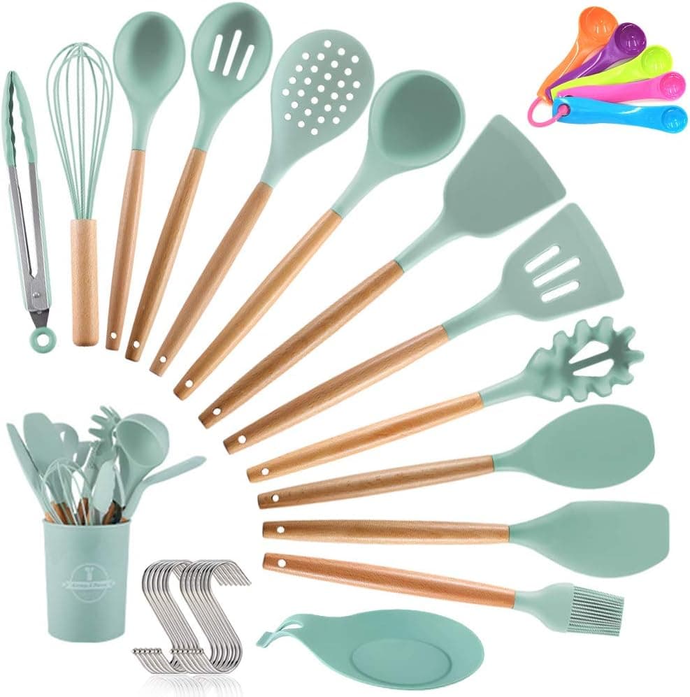 TOPSEAS Utensílios de cozinha | Conjunto de 14 peças em silicone antiaderente com cabo de madeira resistente ao calor