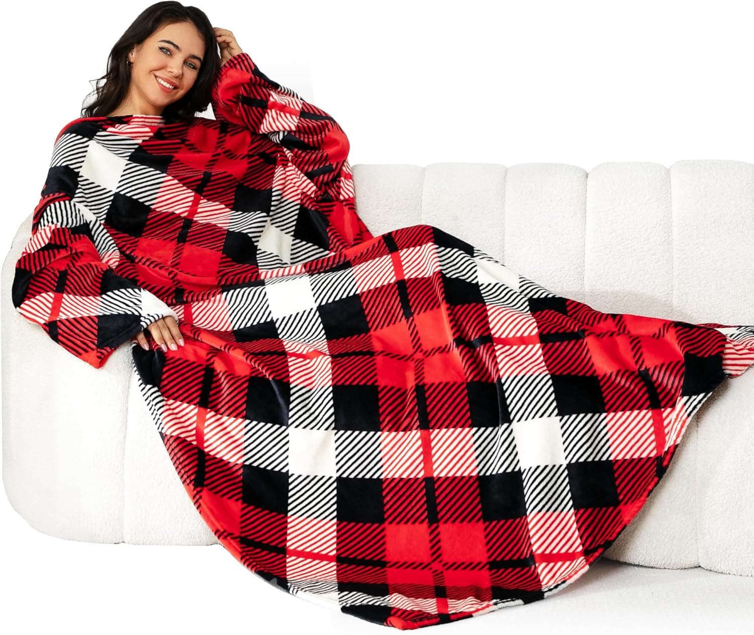 Winthome Cobertor com mangas - manta macia quente, manta sofá TV com velcro, manta para homem e mulher, manta de roupão para presente de Natal (treliça, 140 x 170 cm)