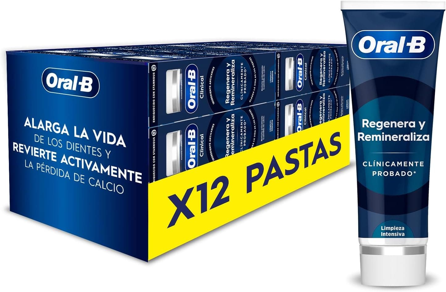 Oral-B Clinical regeneração e remineraliza pasta de dentes com fluor, pack de 12 x 75 ml, limpeza intensa, ajuda a aumentar a densidade de esmalte, dentífrico refrescante anticáries