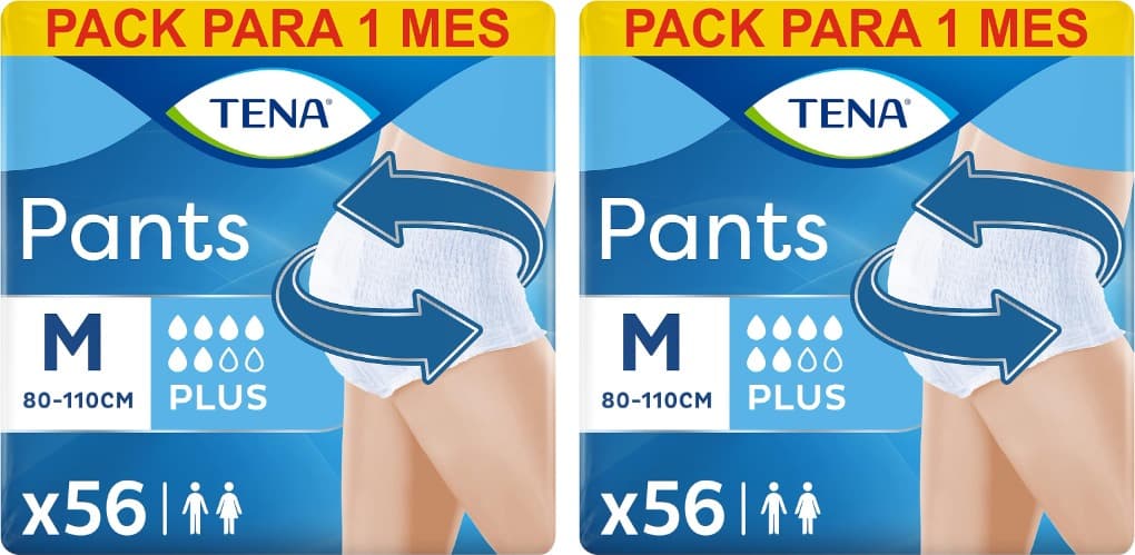 TENA Pants Plus 4 x 14 - Roupa interior absorvente para incontinência e perda de urina abundante, design unissexo confortável e respirável, 56 cuecas descartáveis, branco, tamanho M - 2 embalagens