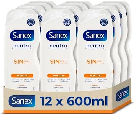 Sanex Gel de duche neutro nutritivo 600 ml, pack de 12, ingredientes essenciais, 0% sulfatos, 0% sabão e 0% corantes, gel de banho para pele seca, hidratação duradoura, tecnologia tripla ação
