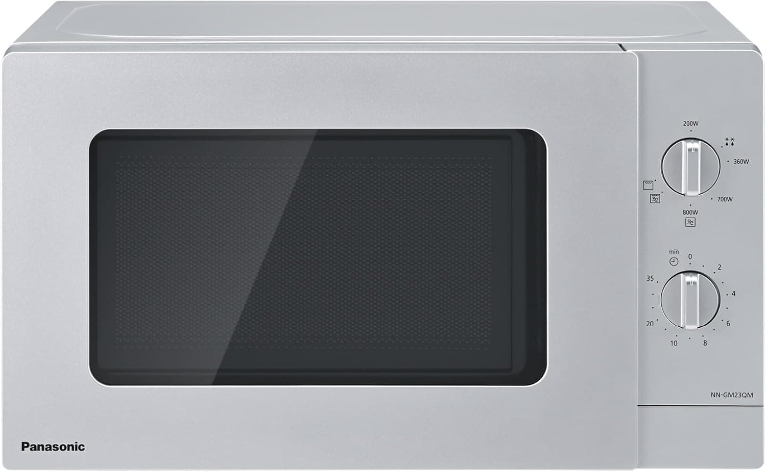 Panasonic NN-GM23QMEPG Forno micro-ondas de grelha de 20 l com bandeja de vidro e grelha, 800 W, brilho de 1000 W, ajuste de descongelação, botão giratório, Quick 30, temporizador, prata