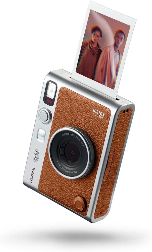 instax Mini EVO castanho. Câmara e impressora com ecrã LCD de 2,7 polegadas, 10 efeitos de lente e 10 efeitos de película