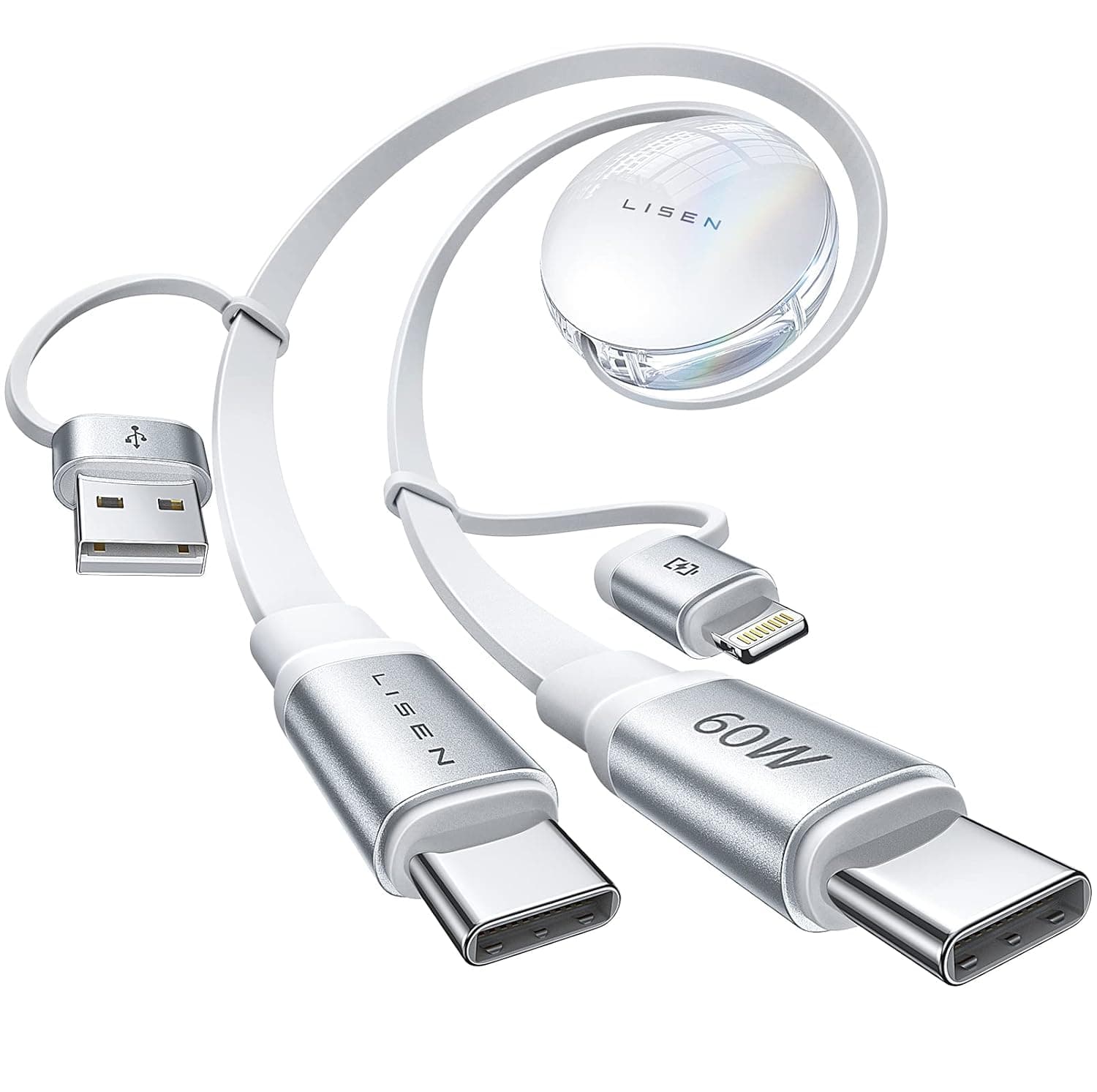 LISEN 4 em 1 cabo USB C carregamento rápido retrátil 60 W [20-100 cm], cabo carregador móvel retrátil tipo C cabo múltiplo carregador universal 