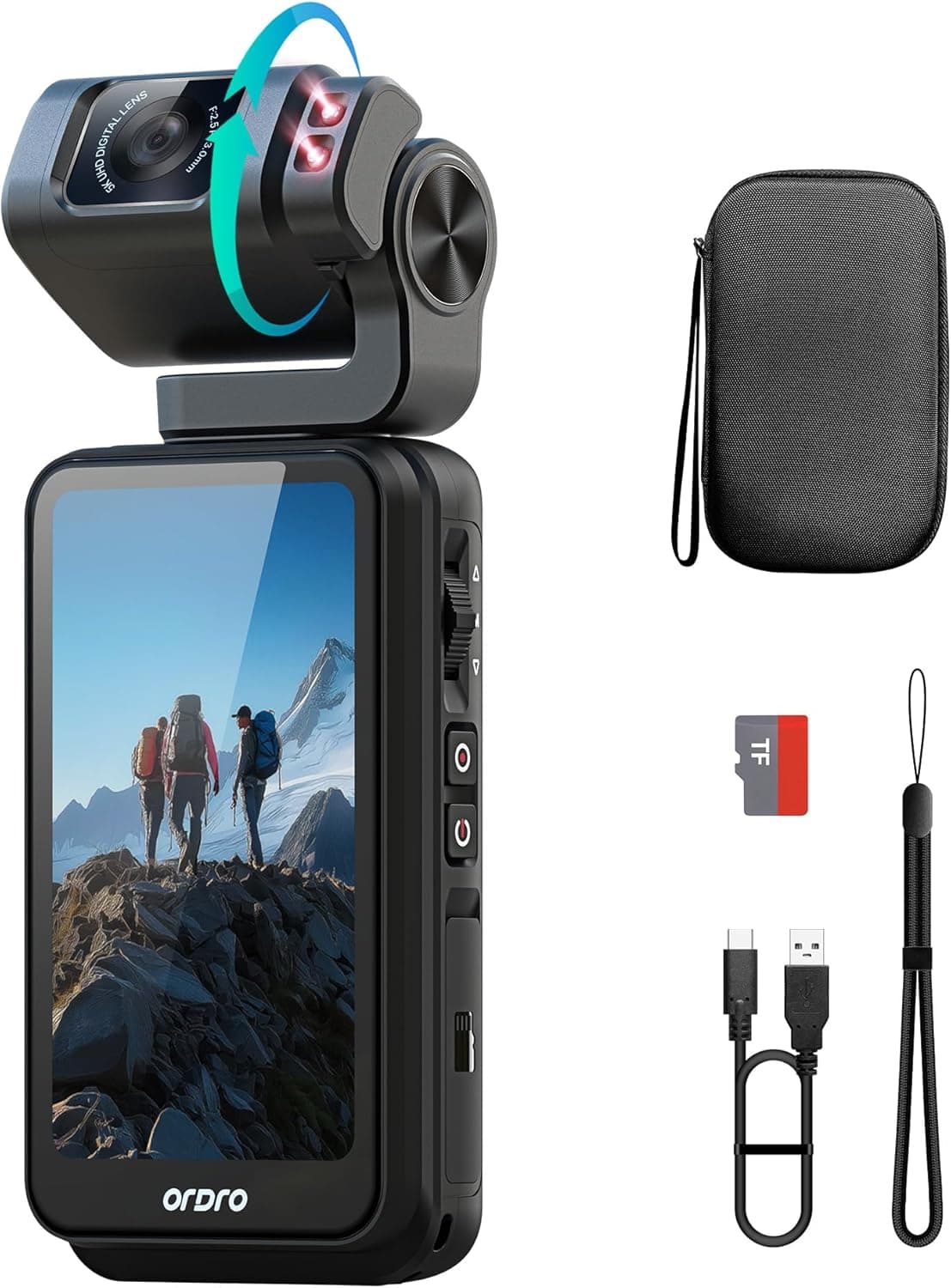 Tussvie M3 | Câmara vlog portátil 5K com ecrã tátil de 3,5'', visão noturna IR e cartão SD de 64 GB incluído
