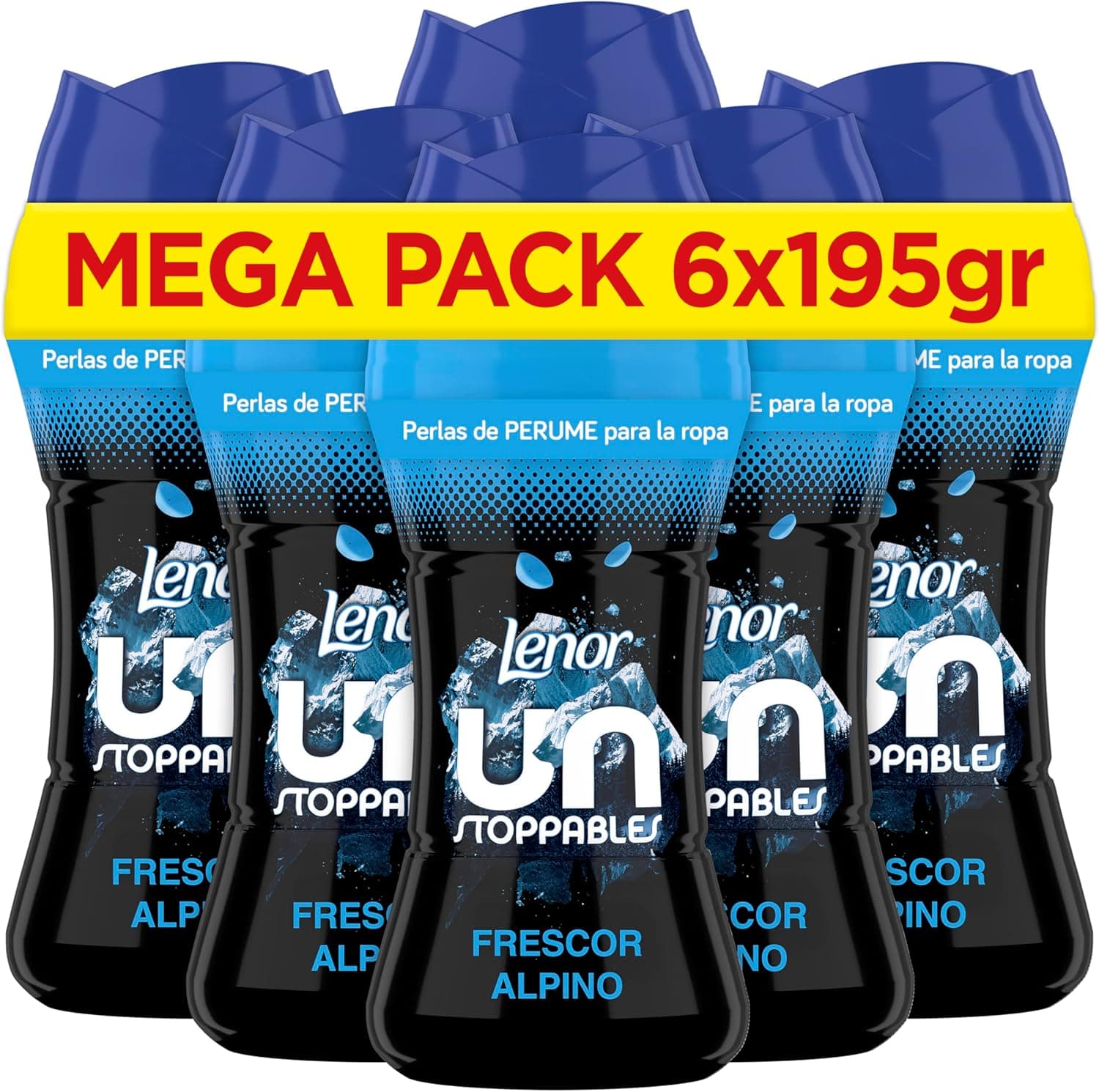 Lenor UNstoppables Pérolas de perfume para roupas, 96 lavagens (6 x 195 g), suavizante com fragrância, fluorescente alpino, potenciador de frescura