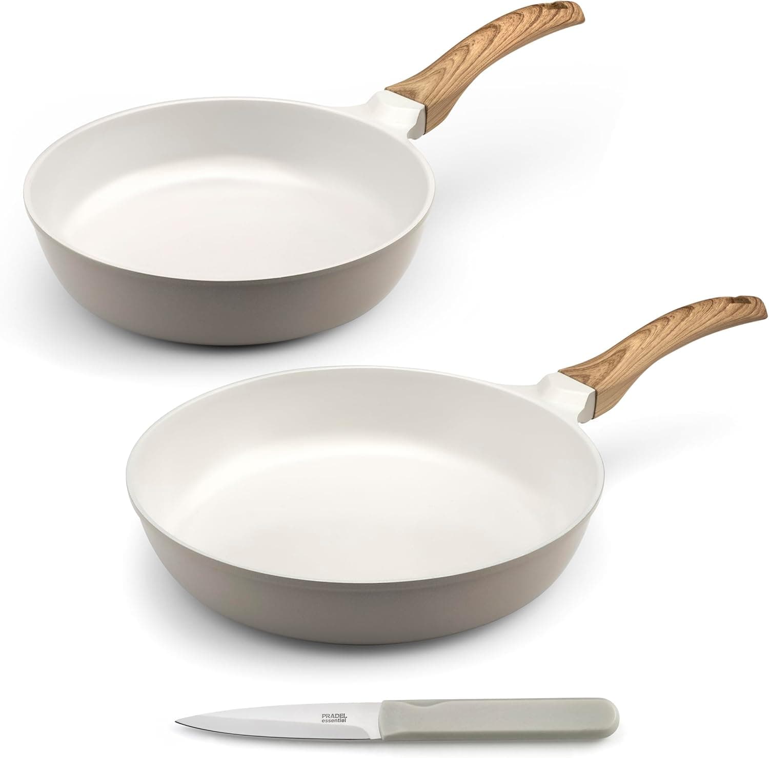 Cuisinox Mythic | Conjunto de frigideiras com revestimento cerâmico branco e cabo Soft Touch efeito madeira, 2 peças 24 e 28 cm