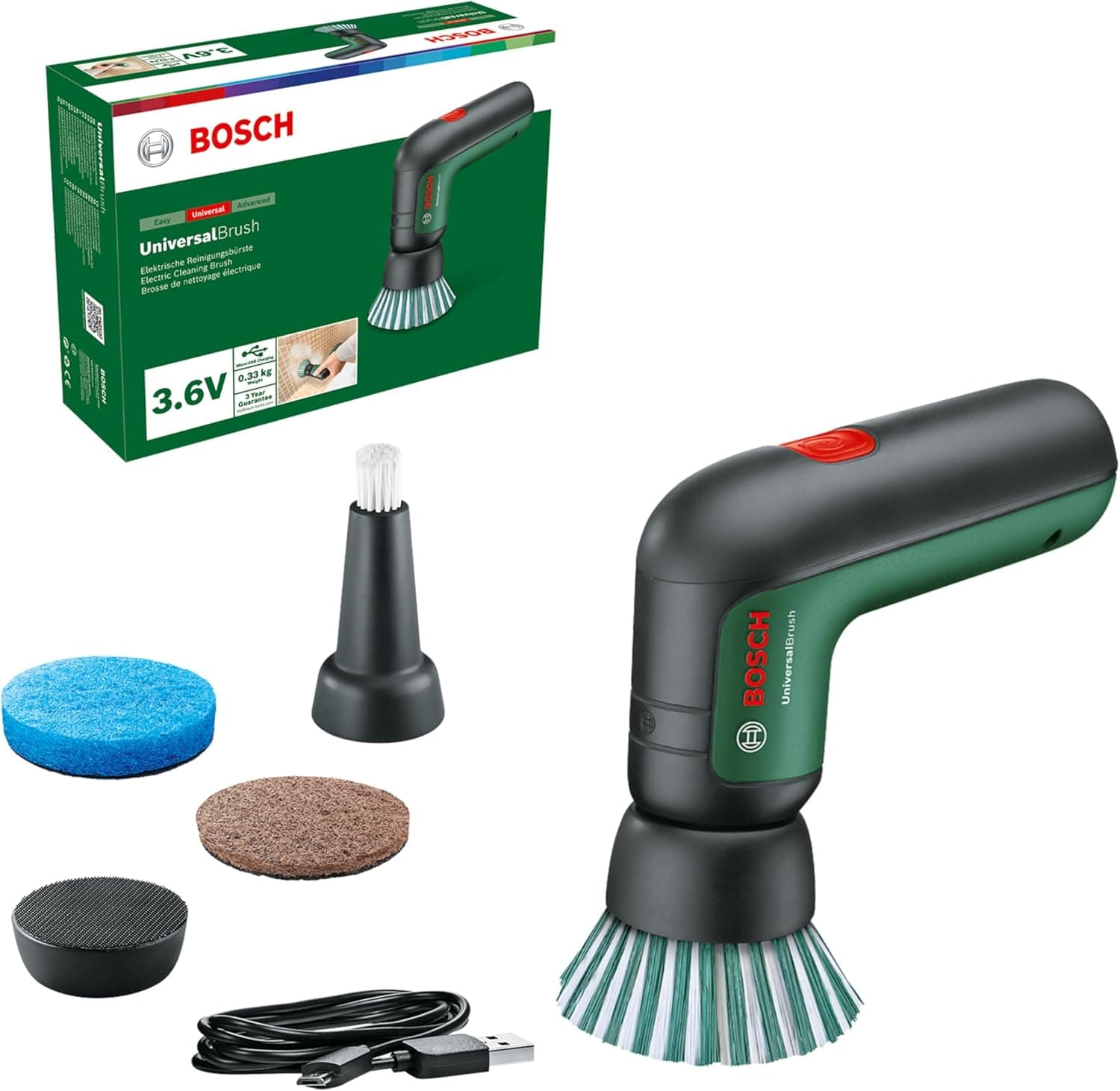 Bosch Verde - Bosch Home and Garden escova de limpeza elétrica UniversalBrush (inclui bateria integrada de 3,6 V, 1 cabo micro USB e 4 acessórios de limpeza, em caixa de cartão)