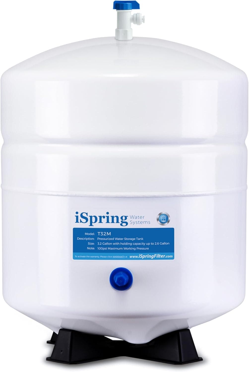 iSpring T32M Tanque de armazenamento de água pressurizada com válvula de esfera para sistemas de osmose reversa, 4 galões, válvula de tanque de 1/4" incluída