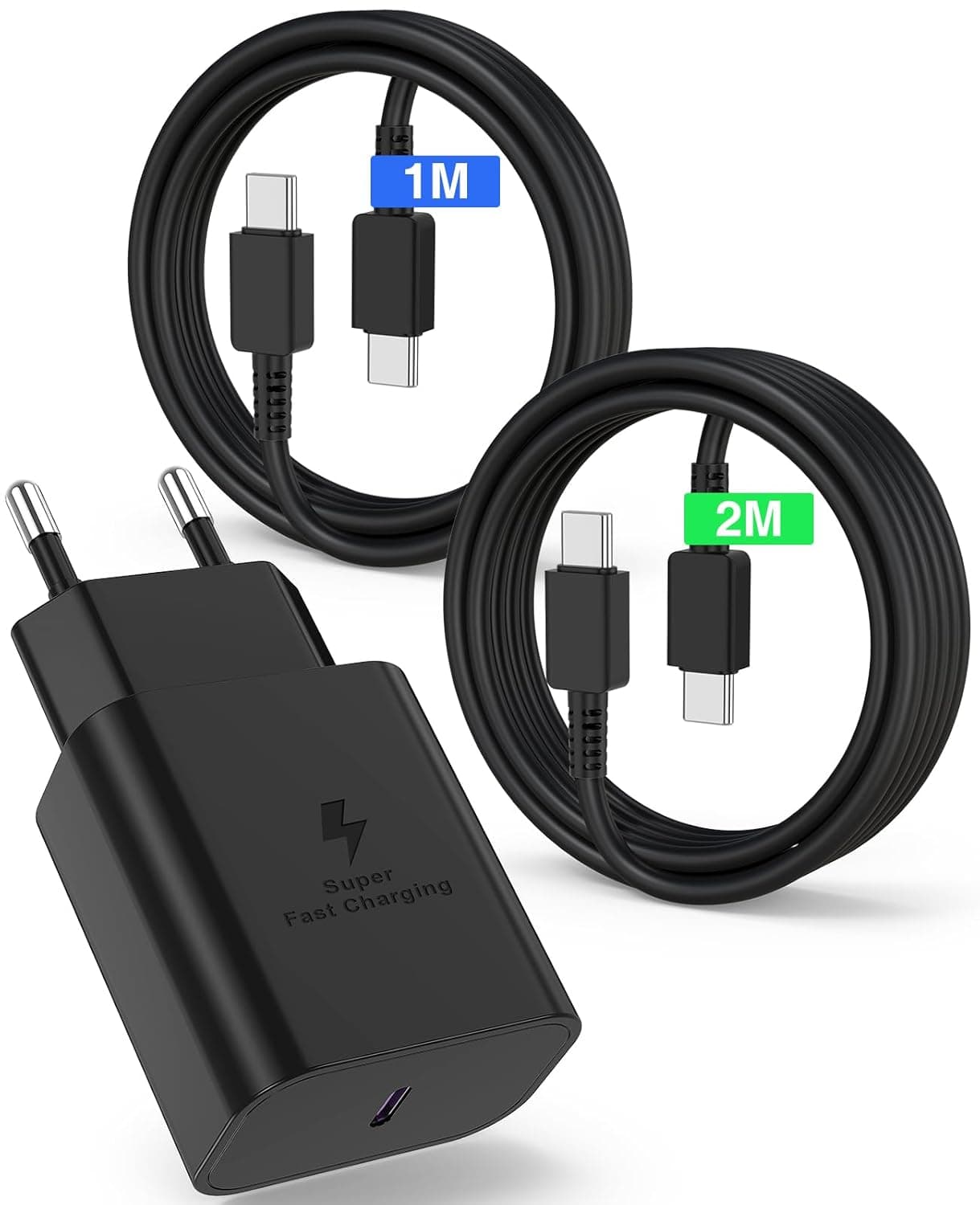 Carregador de carregamento rápido de 45 W 2 m + 1 m, carregador USB C com cabo tipo C, tomada tipo C