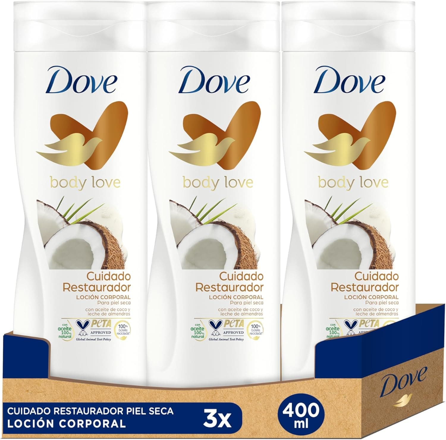 Dove Restorative | Hidratante corporal com óleo de coco e leite de amêndoa para pele seca, 3 unidades de 400 ml