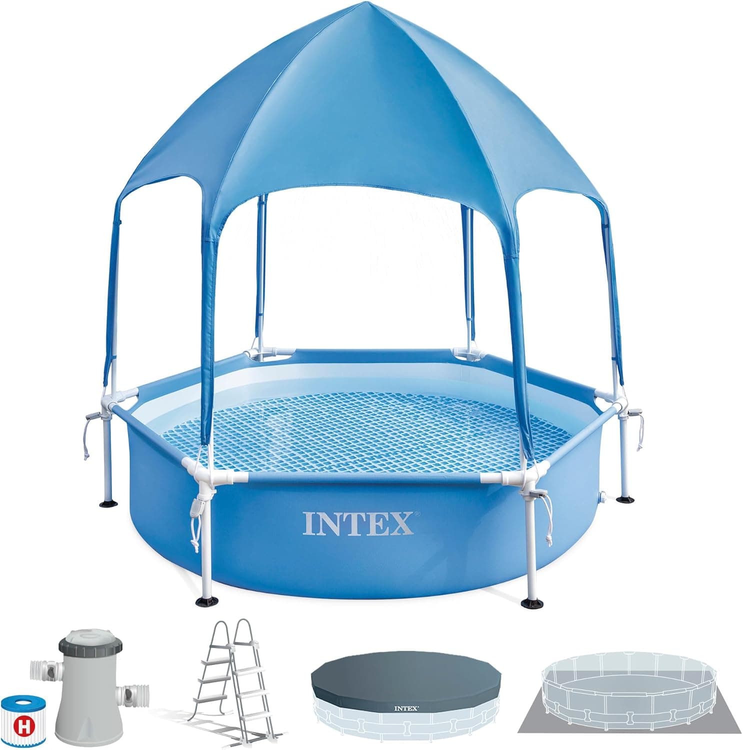 Intex - Piscina desmontável hexagonal, armação de metal, Ø 183 x 38 cm, 700 litros, montagem em 10 min, inclui toldo desmontável UPF 50 com difusor de água, 3 anos (56031)