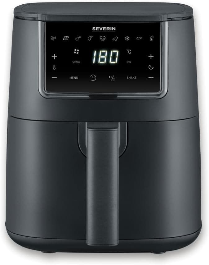 SEVERIN Freidora de aire FryLight Single, cocinado versátil, pantalla táctil, 8 programas automáticos, función de conservación del calor, 4L, revestimiento antiadherente, 1300W, negro, FR 2461