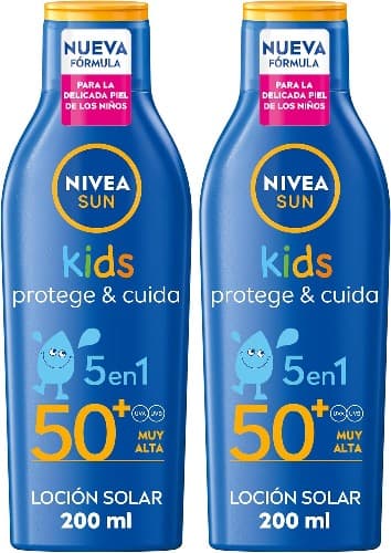 NIVEA SUN Leite solar Kids Protege & Cuida FP50 200 ml, protetor solar infantil resistente à água, proteção solar muito alta para crianças