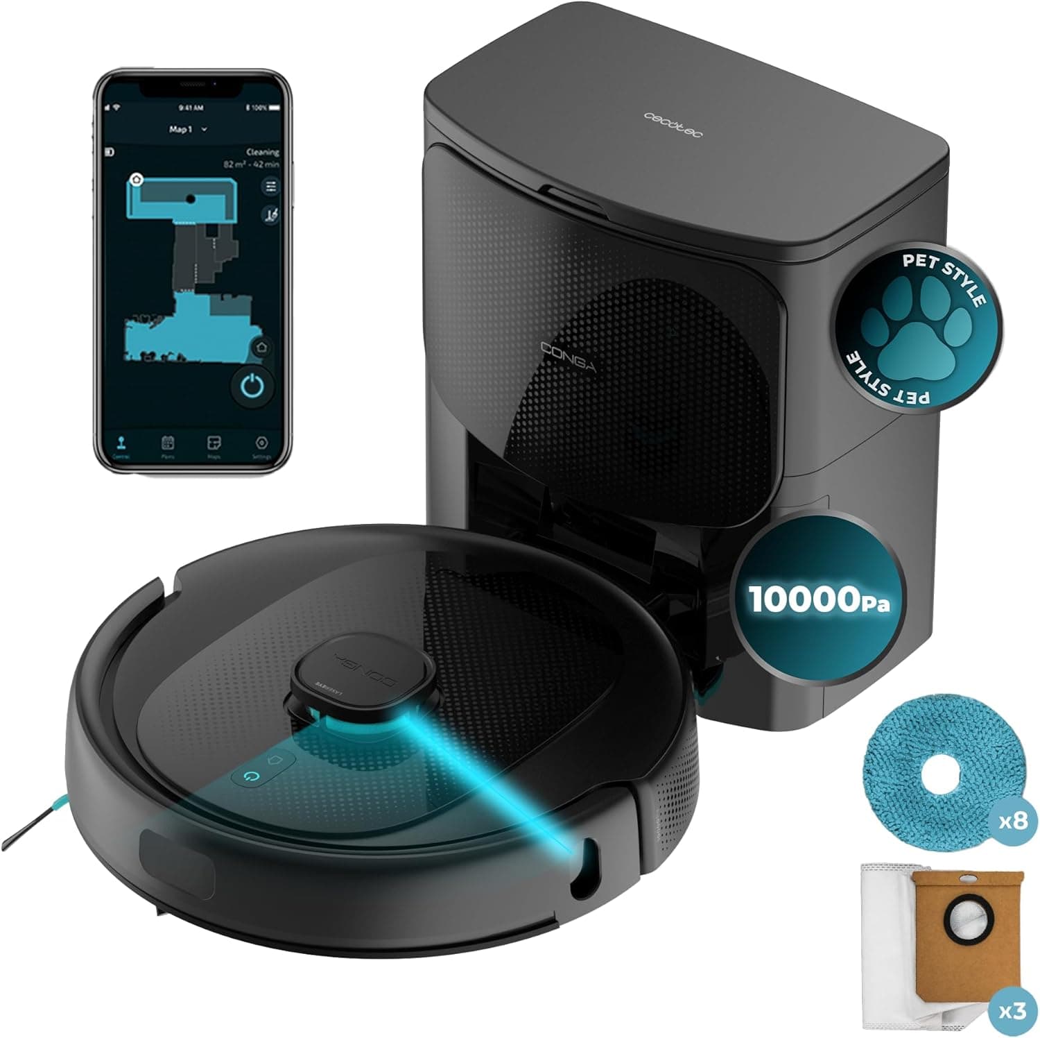Cecotec Robot aspirador e esfregona de chão com base auto-esvaziada Conga 9590 Spin Revolution Ultra Power Home. Navegação a laser, 10000Pa, aplicativo, automonomia 240 min