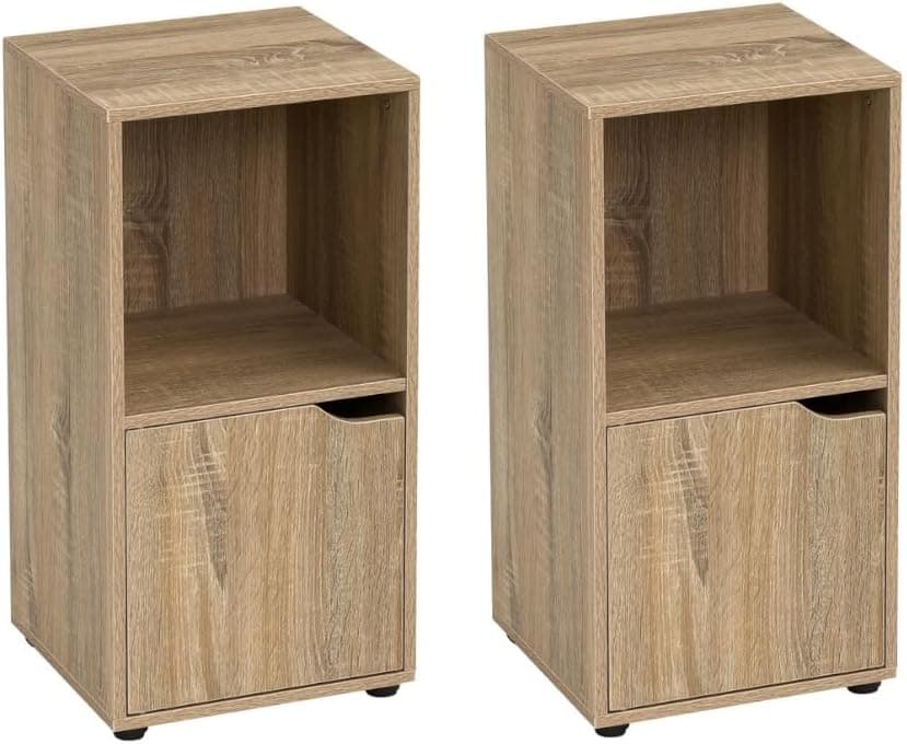 LOLAhome | Conjunto de 2 mesas de cabeceira com compartimento aberto e porta em madeira natural, 60 x 30 cm