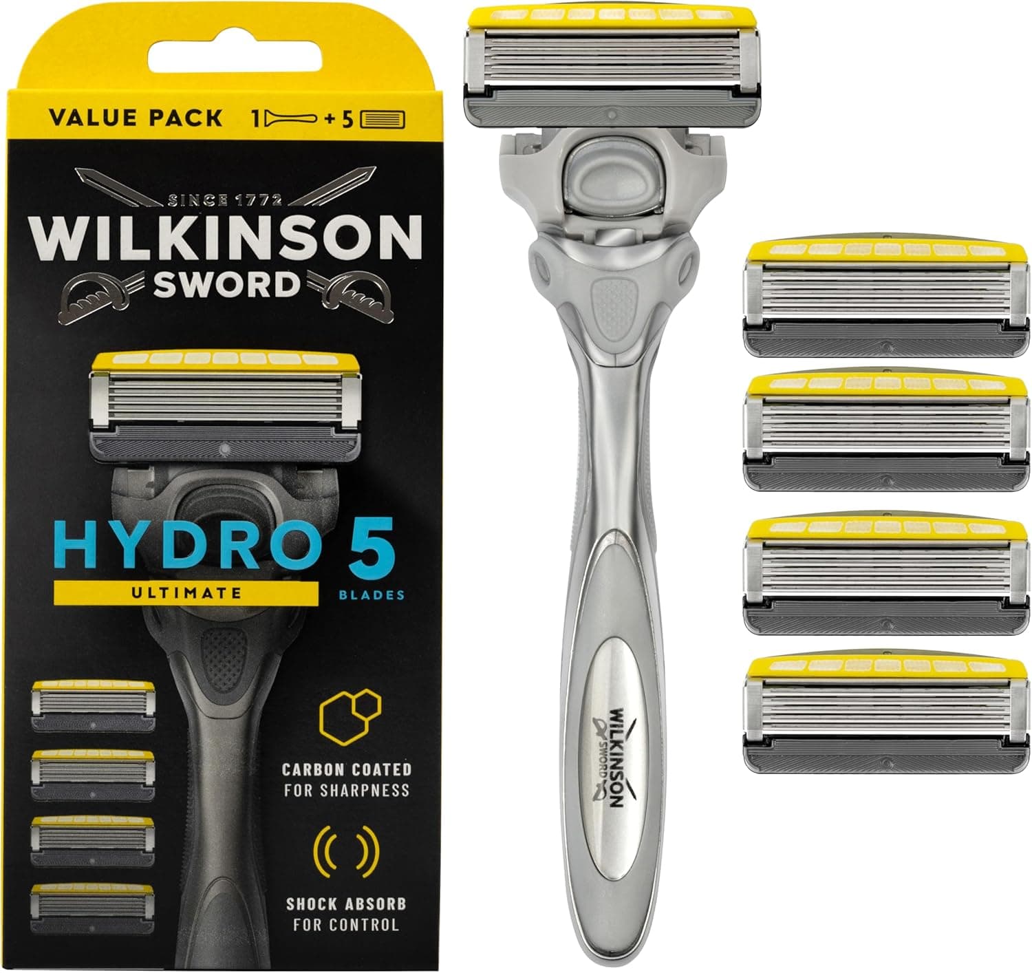 Wilkinson Sword Hydro 5 Skin Protection Advanced - Máquina com 5 peças com bandas lubrificantes de menta para peles sensíveis - cabeça ajustável com tecnologia Shock Absorb