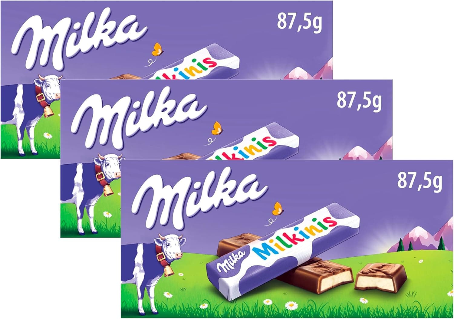Milka Milkinis mini barrinhas de chocolate com leite dos alpes enchimento de creme láctea 87,5 g, 8 unidades, pack de 3